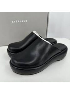 Everlane The Puffa Flatform Mules Black Leather Platform Clogs Size 10.5 NWOT
